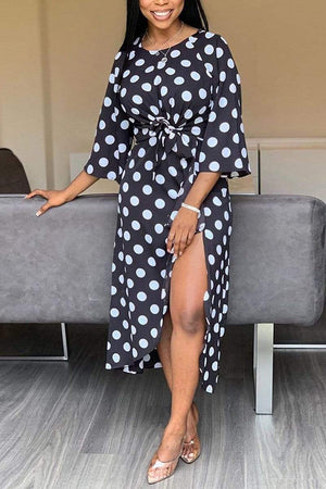 Fashion Dot Print Irregular Slit Dress