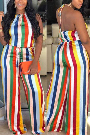 Sexy Rainbow Striped Wide Leg  Jumpsuit