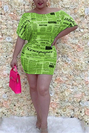 Fashion Sexy Boat-Neck Newspaper Print Dress