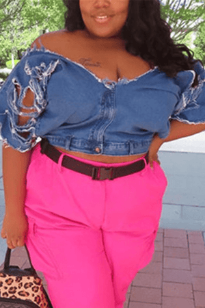 Fashion Plus Size Broken Hole Denim Tops