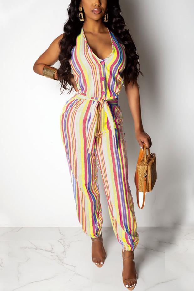 Fashion Casual Striped Print Jumpsuit - VogueRegion