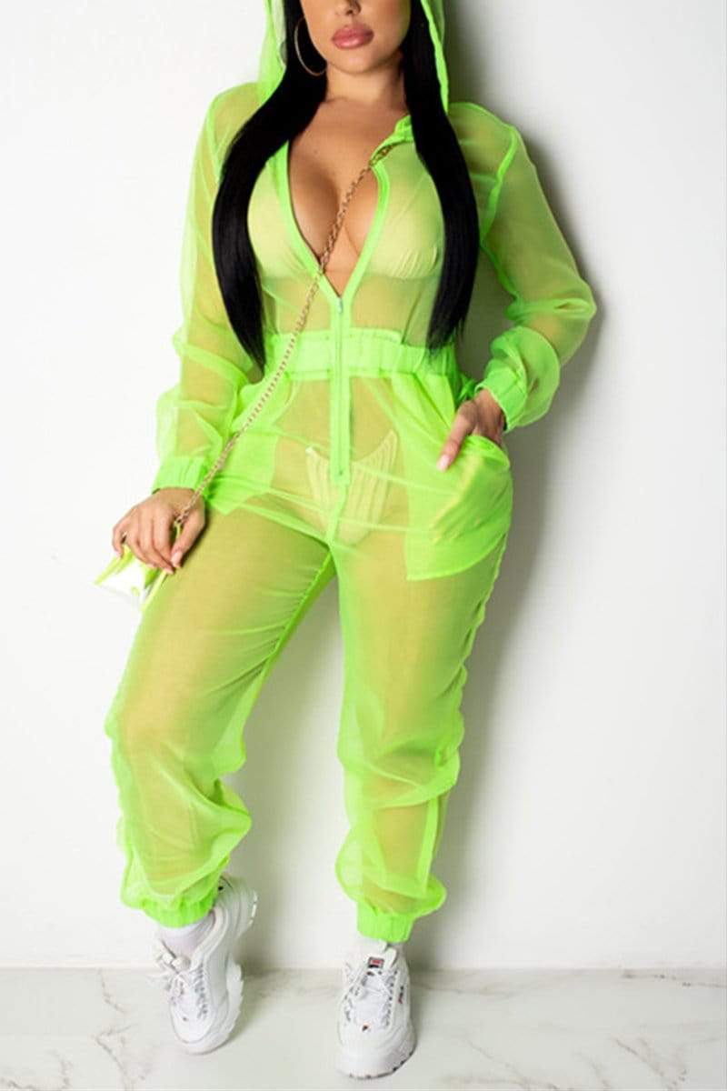 Sexy Mesh Long Sleeve Hooded Jumpsuit