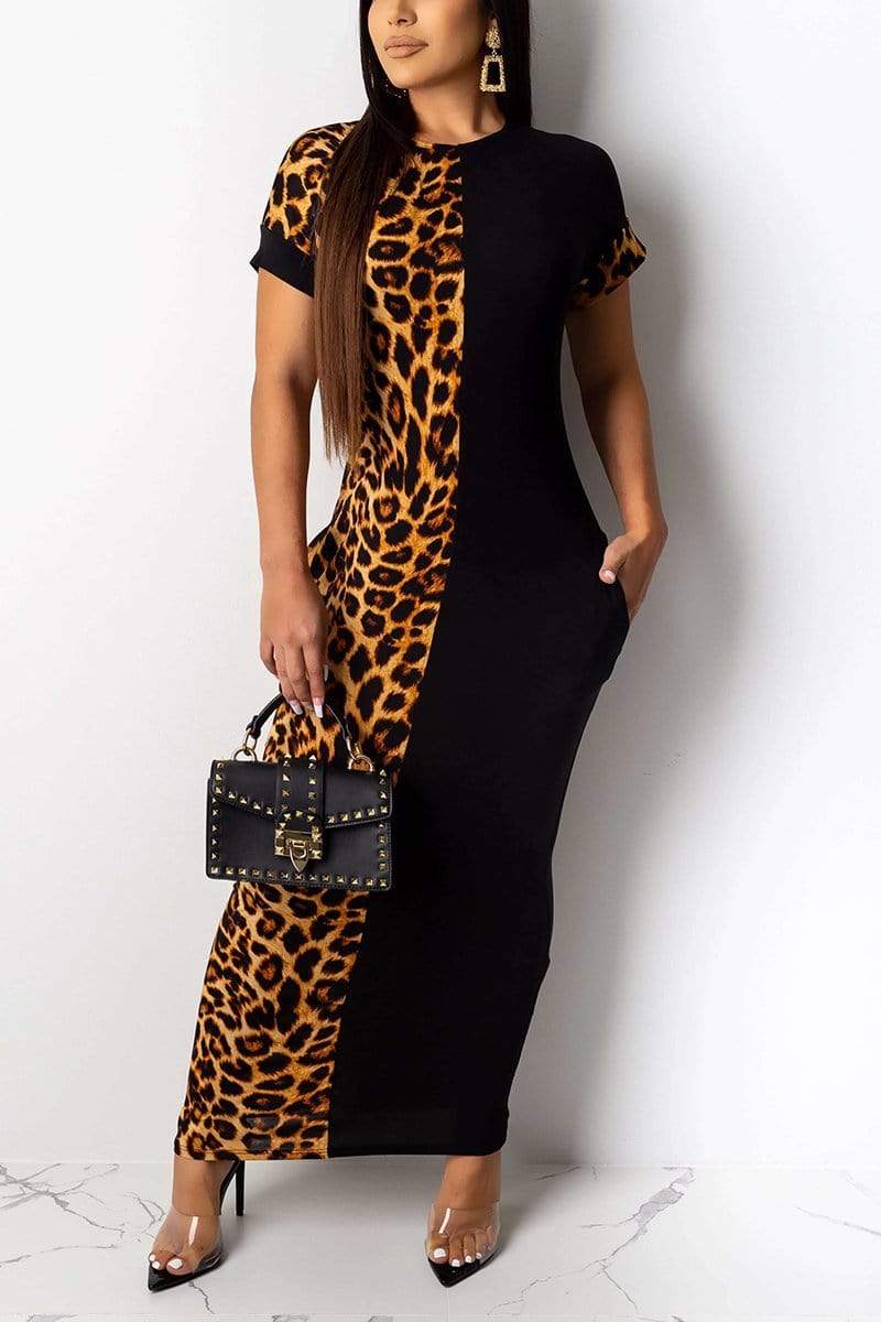 Leopard Print Bat Sleeve Stitching Dress