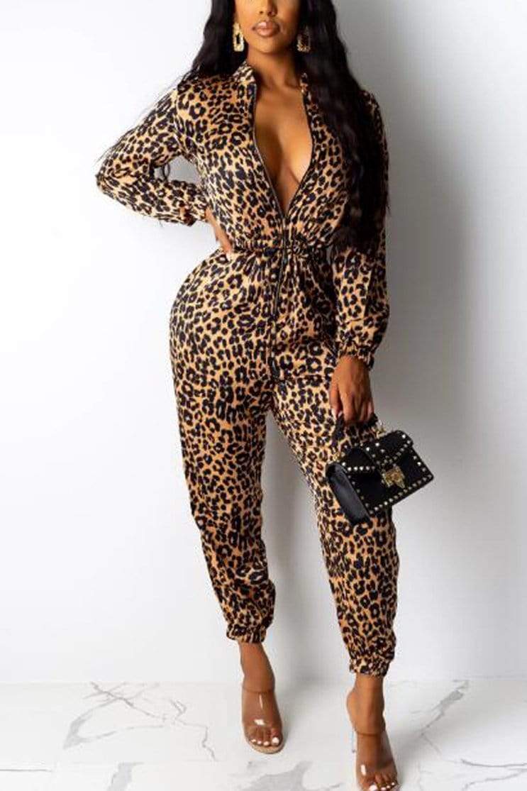 Sexy Printed Zipper Leopard Jumpsuit