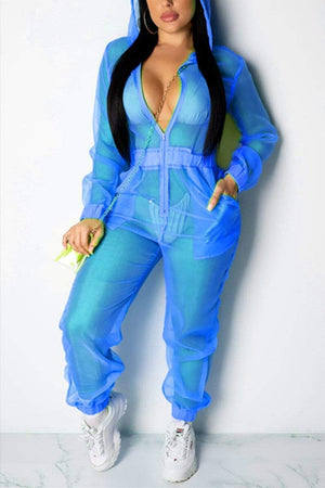 Sexy Mesh Long Sleeve Hooded Jumpsuit