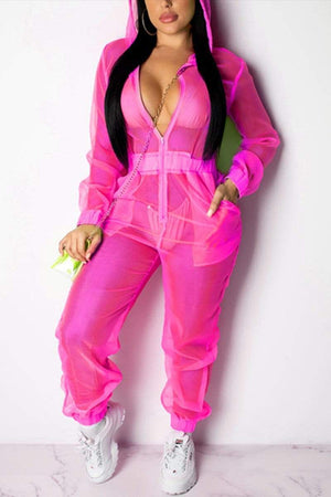 Sexy Mesh Long Sleeve Hooded Jumpsuit