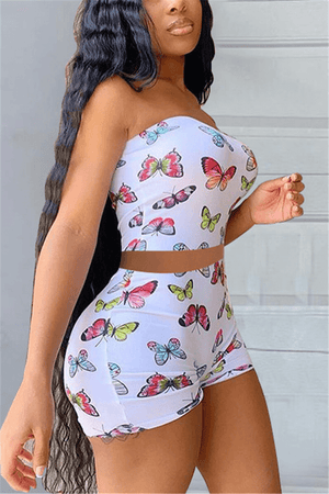 Sexy Off The Shoulder Shorts Butterfly Print Two Pieces