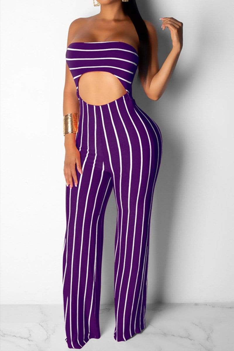 Sexy Nightclub Striped Navel Jumpsuit