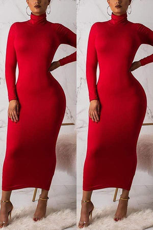 Fashion High Neck Long Sleeve Dress - VogueRegion