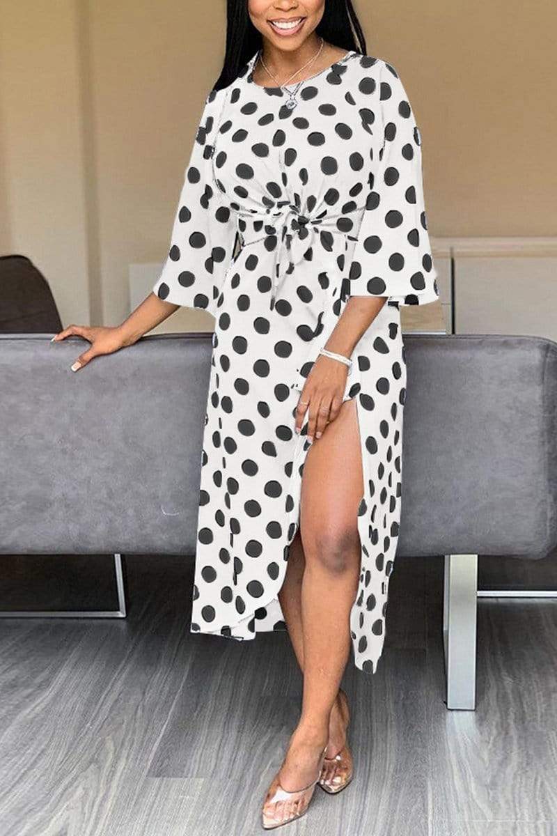 Fashion Dot Print Irregular Slit Dress