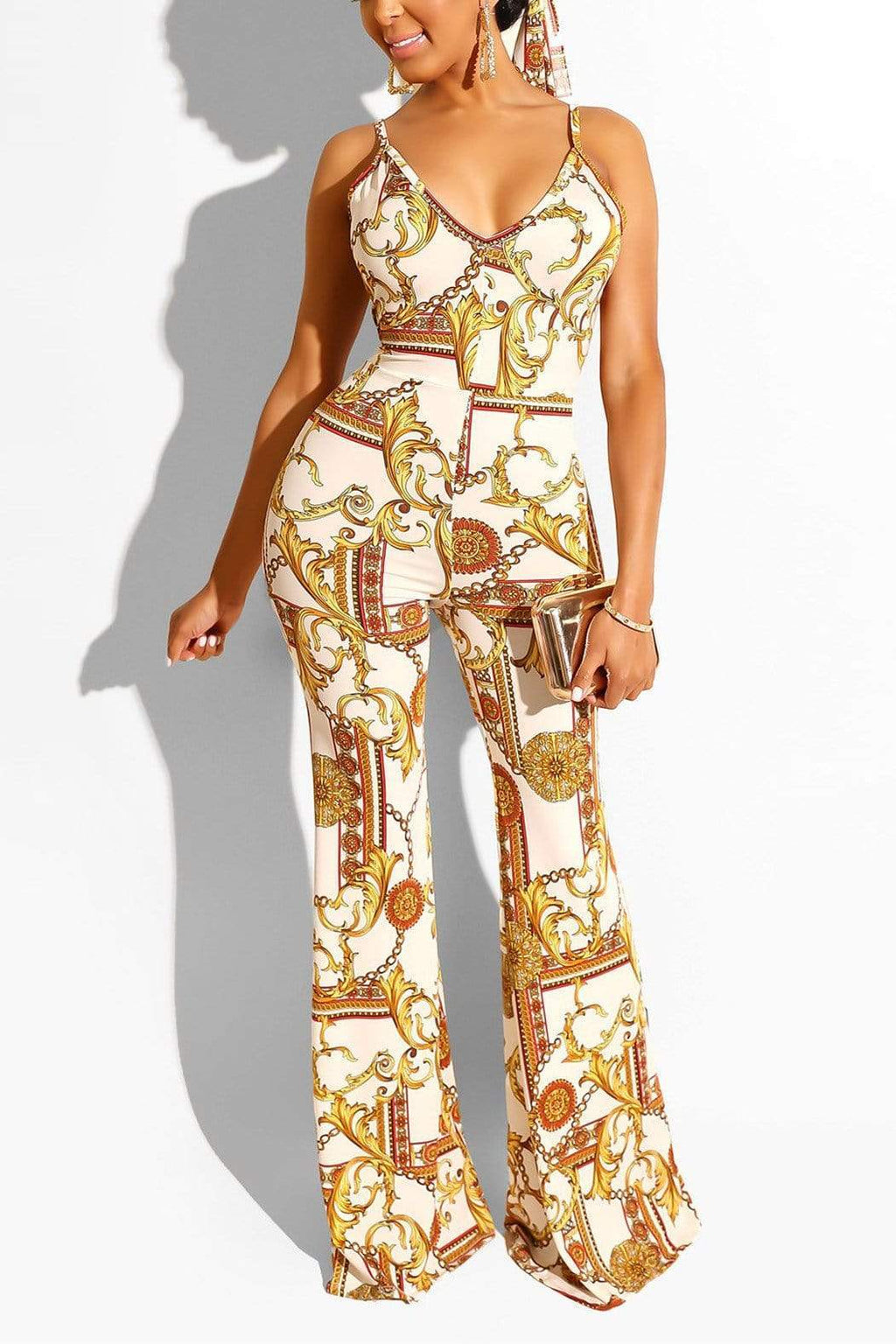 Fashion Print Double V-neck Sling Jumpsuit