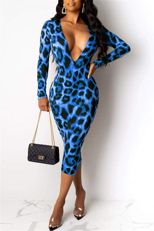 Leopard Deep V Long Sleeve Dress