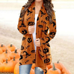 Halloween Cartoon Cat Pumpkin Magic Print Cardigan