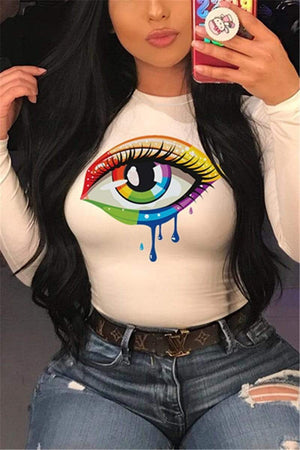 Fashion Colorful Print White Long Sleeve T-Shirt