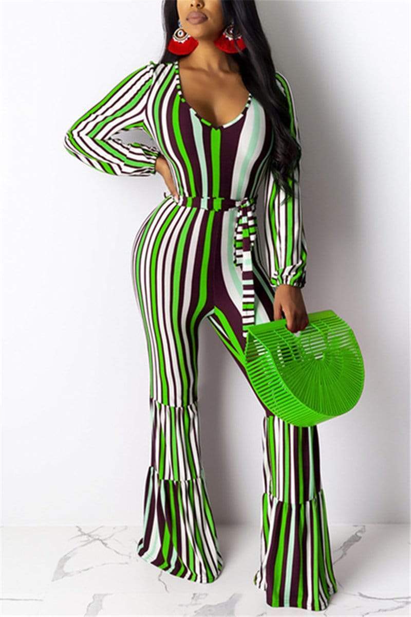 Sexy Striped Print Long Sleeve Jumpsuit