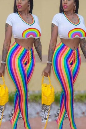 Fashion Rainbow Print Stripe Two-Pieces