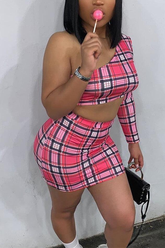 Fashion Unilateral Plaid Two-Piece Set