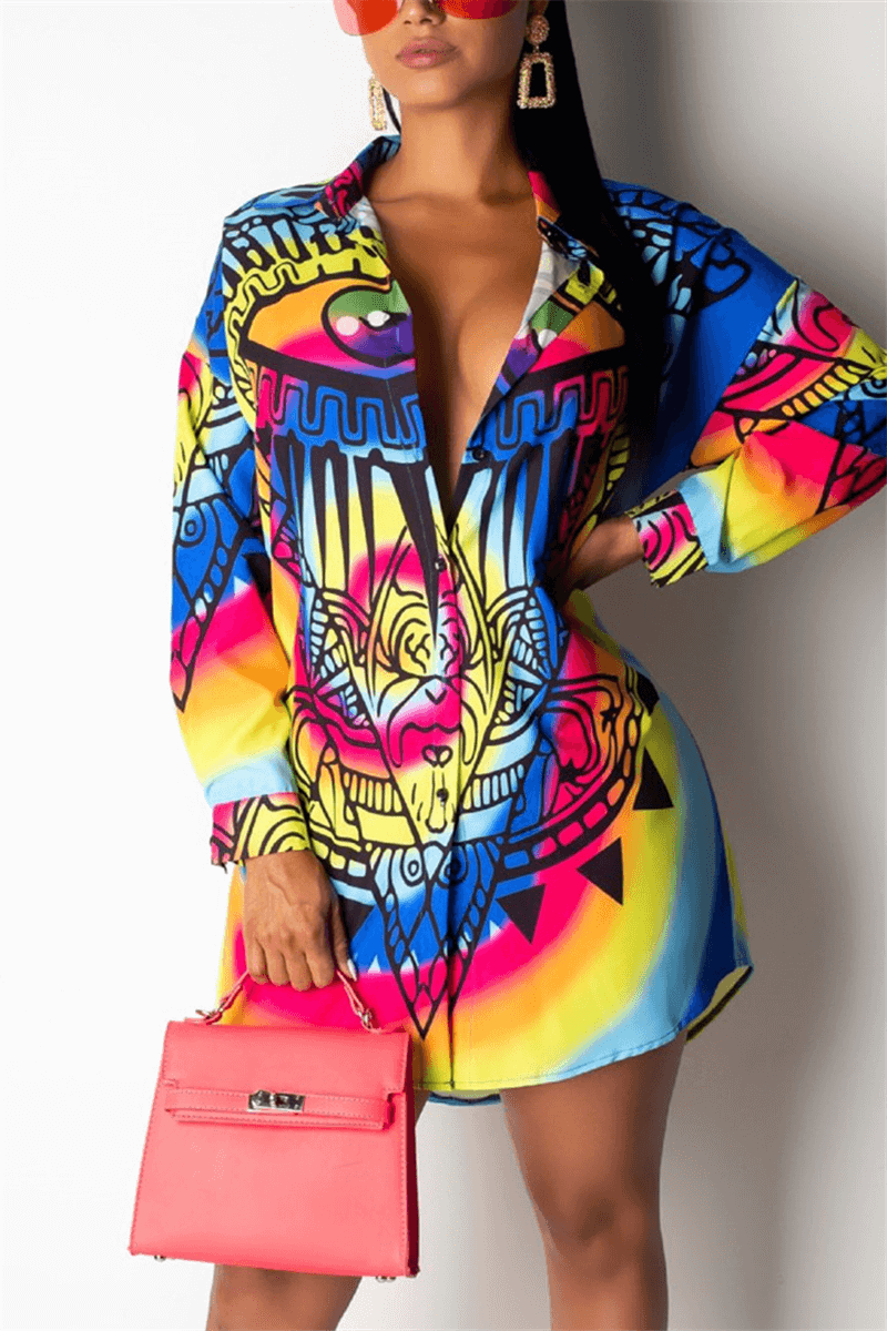 Fashion Casual Regular Print Shirt Mini Dress