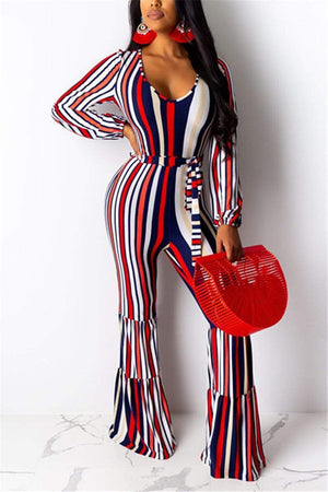 Sexy Striped Print Long Sleeve Jumpsuit