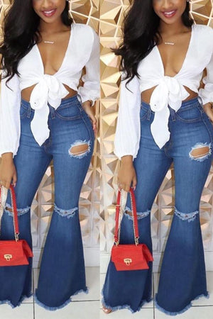 Fashion Joker Hole Wide-Leg Flare Jeans