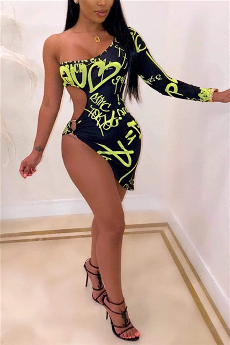 Sexy Letter Print Single Sleeve Dress