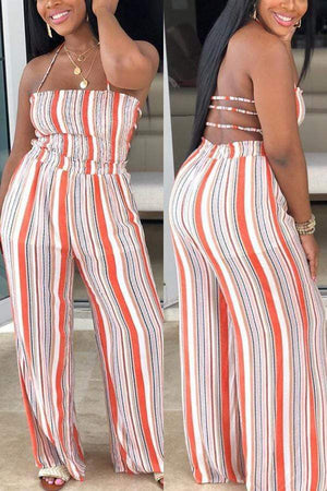 Sexy Pleated Print Strap Straight Jumpsuit