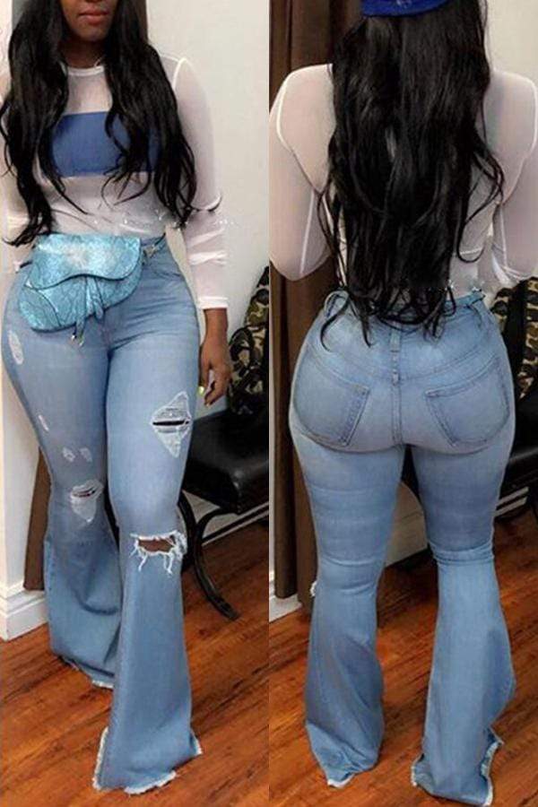 Casual Trumpet-shaped  Holes  Wide leg Jeans