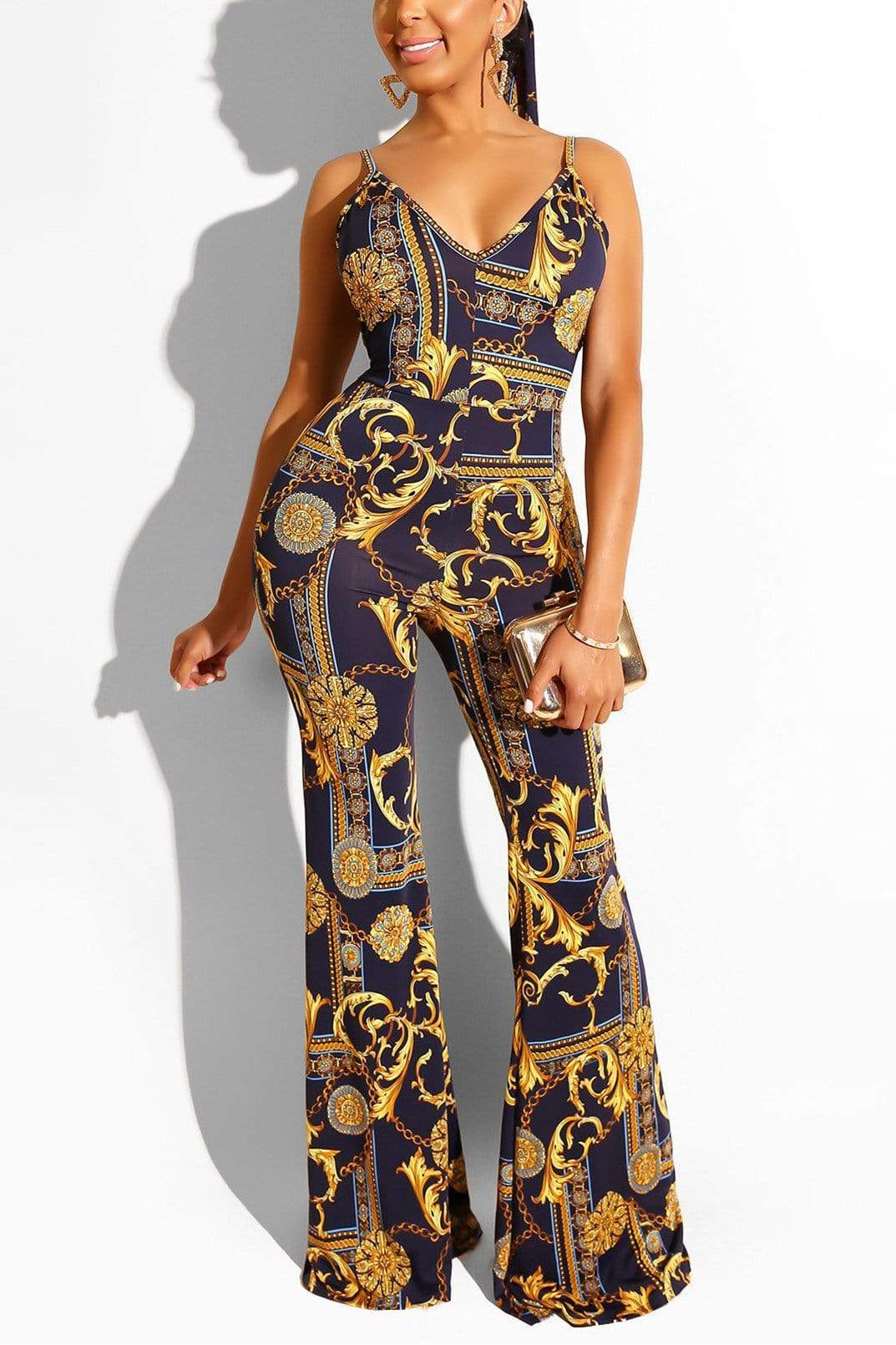 Fashion Print Double V-neck Sling Jumpsuit