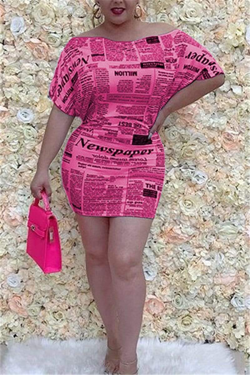 Fashion Sexy Boat-Neck Newspaper Print Dress