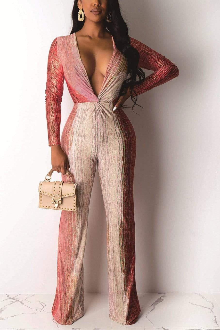 Casual Gradient Print V-Neck Jumpsuit