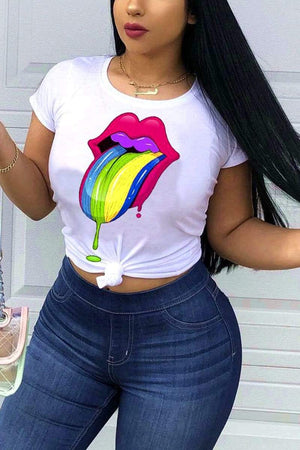 Casual Lip Print Short Sleeve T-Shirt