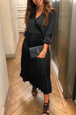 Fashion V-Neck Long Sleeve Pleated Dress