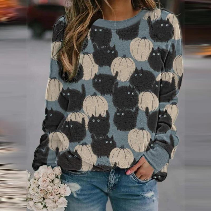 Halloween Cartoon Kitten Pumpkin Print Sweatshirts