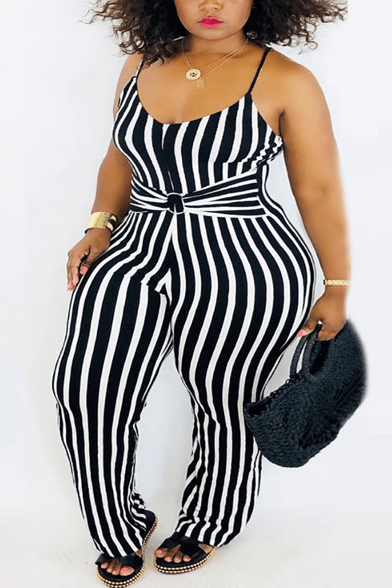 Fashion Sexy Spaghetti Strap Striped Plus Size Jumpsuit