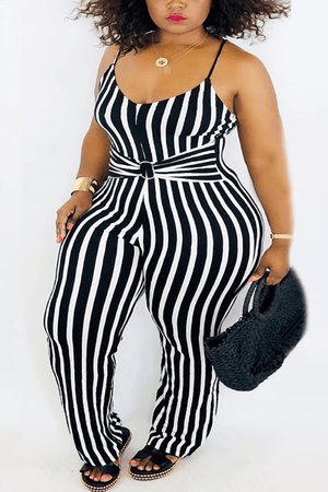 Fashion Sexy Spaghetti Strap Striped Plus Size Jumpsuit