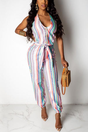 Fashion Casual Striped Print Jumpsuit - VogueRegion