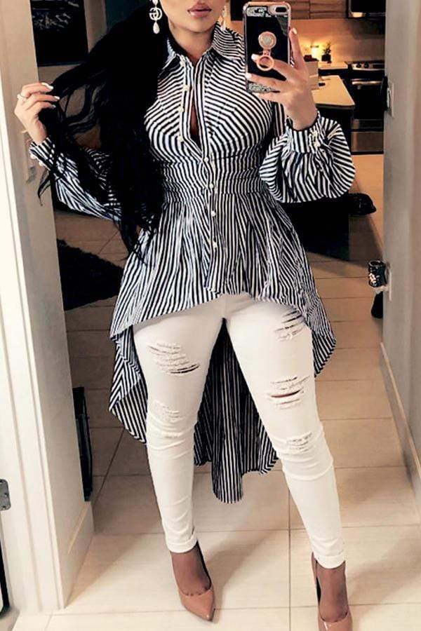 Casual Irregular Hems Striped Blouses