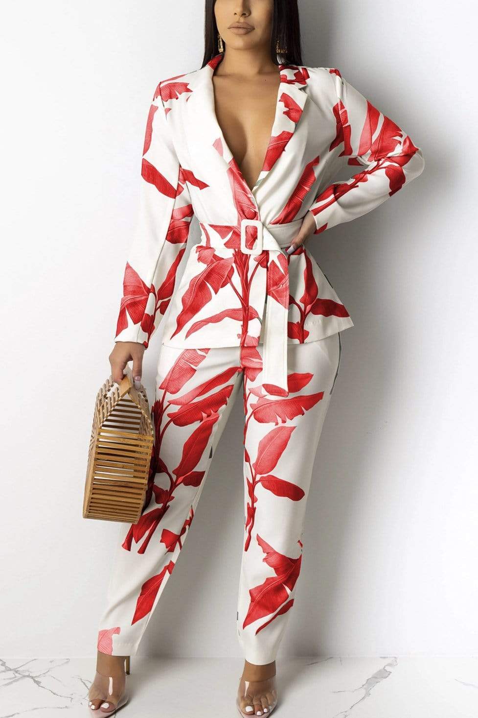 Casual Leaf Print Long-Sleeved Two-Pieces Set