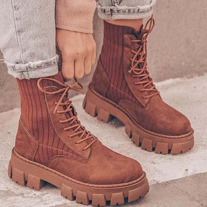 Suede Knit Plantform Lace-up Boots