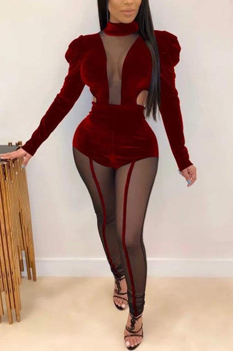 Sexy Mesh Stitching Puff Sleeve Jumpsuit