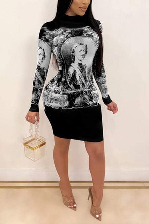 Fashion Long Sleeve Printing Dress