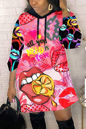 Sexy Fashion Lip Printing Hoodie Dress