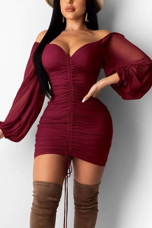 Sexy Mesh Lantern Sleeve Off Shoulder Dress