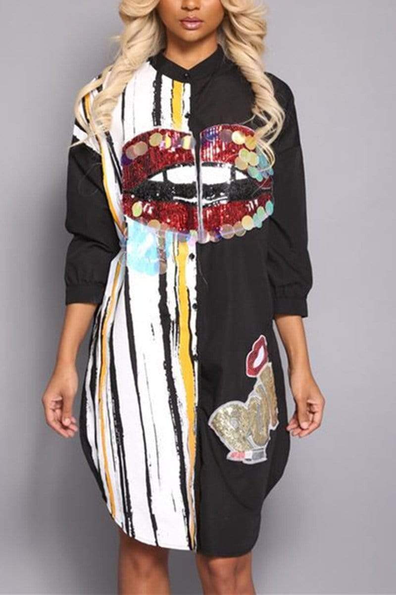 Fashion Lips Printing Shirt Dress