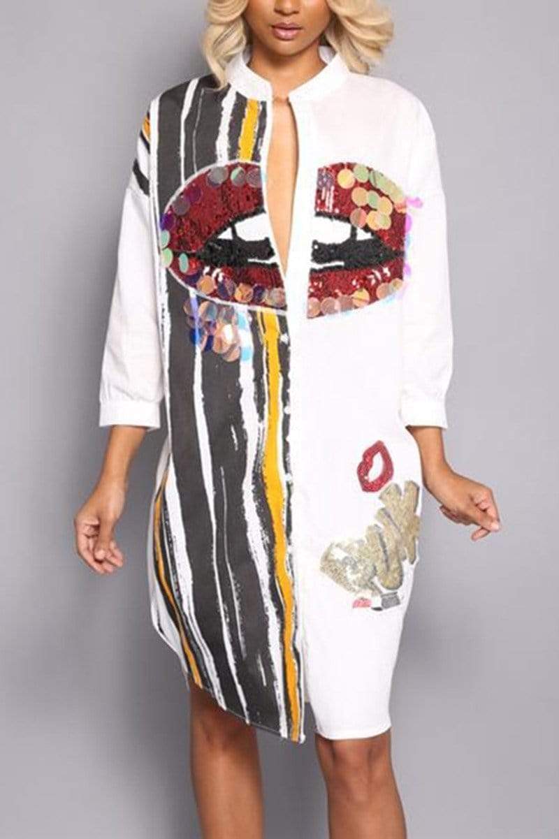 Fashion Lips Printing Shirt Dress