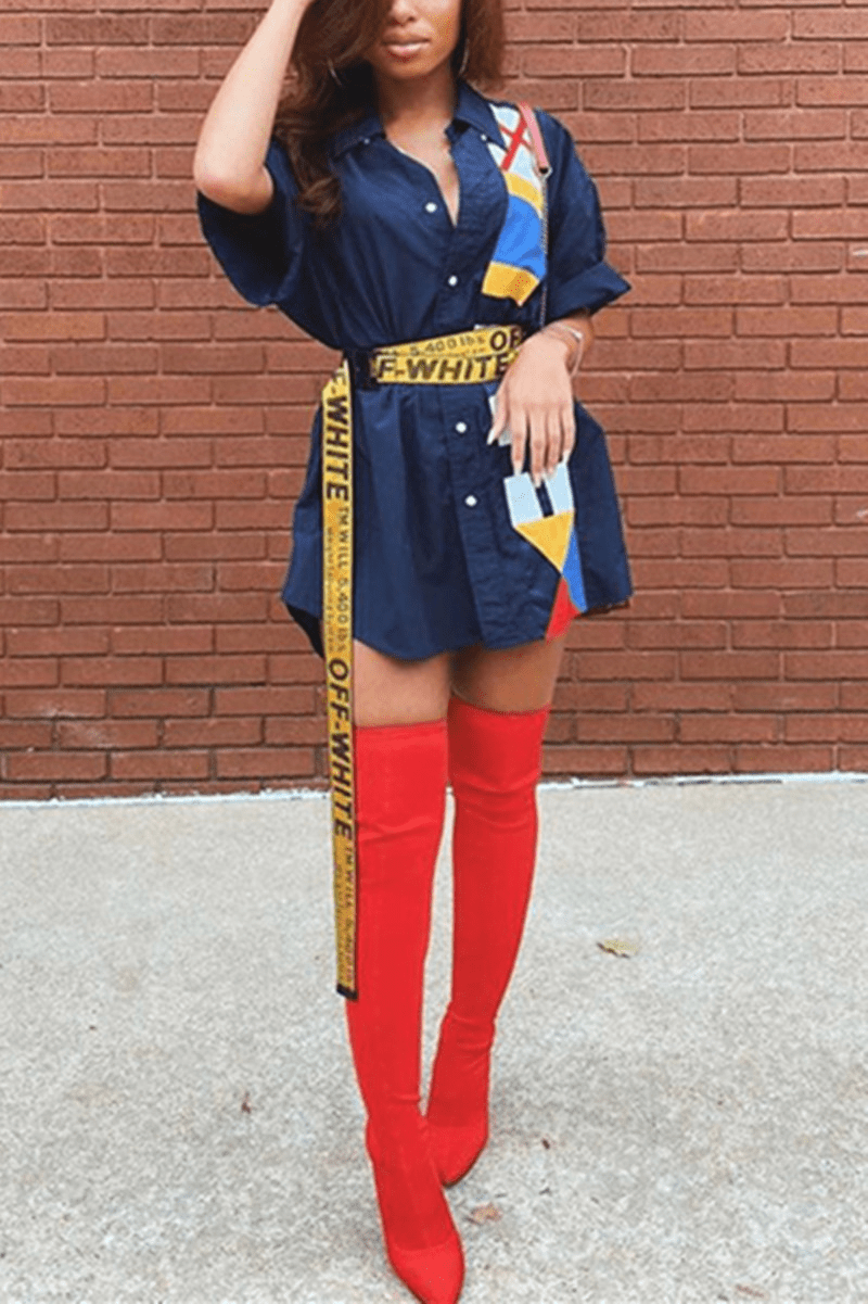 Fashion Print Loose Blue Shirt Dress (Without Belt)