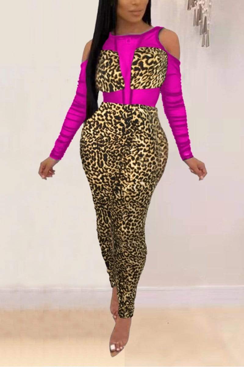 Sexy Mesh Stitching Leopard Print Jumpsuit