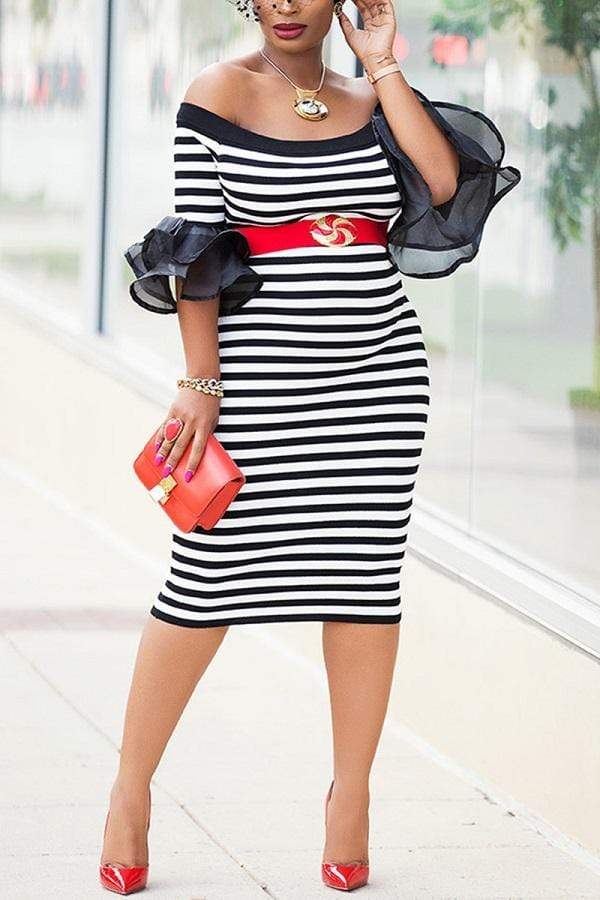 Trendy Striped Print Puff Sleeve Dress