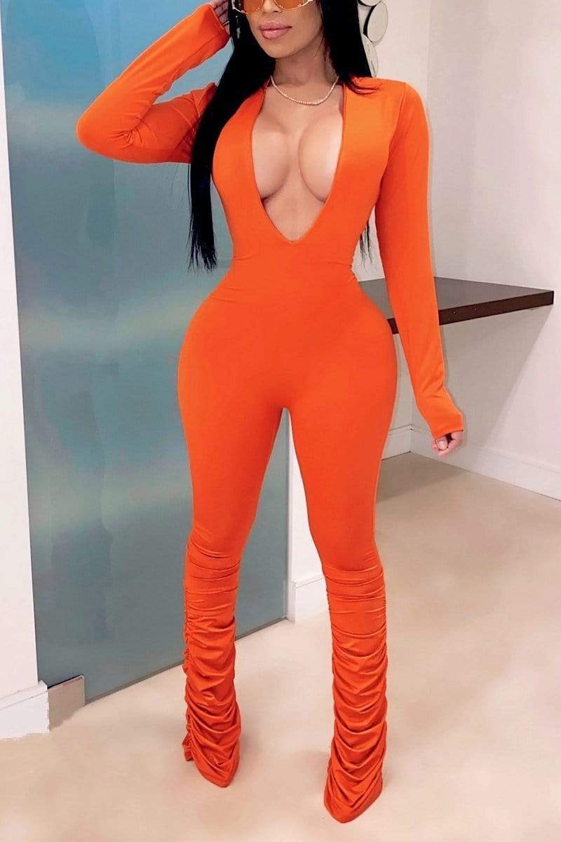 Sexy Deep V Solid Color Jumpsuit