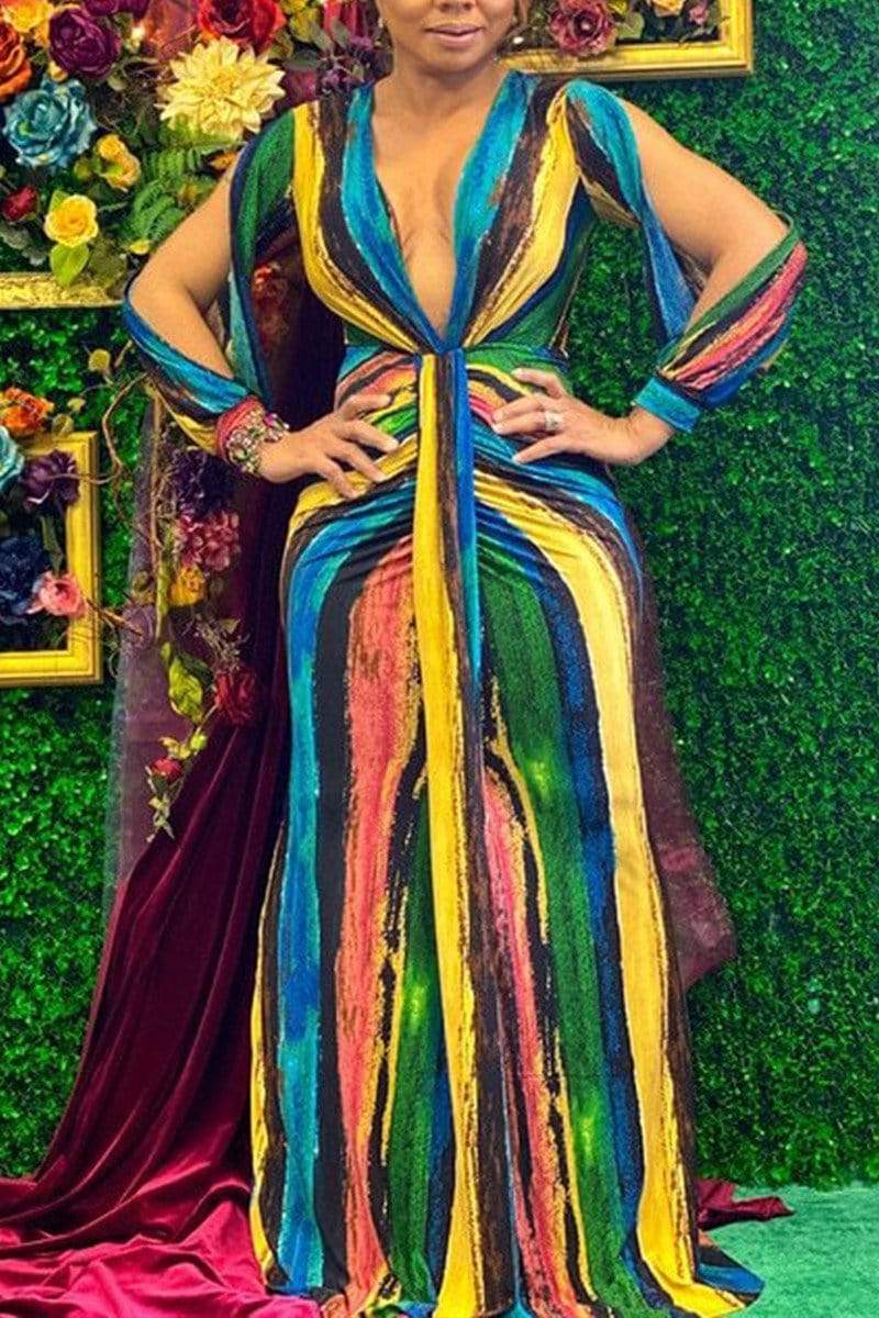 Sexy Deep V Striped Multicolor Dress